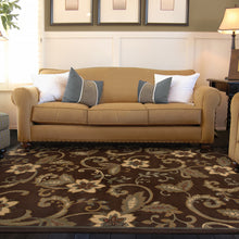 10' X 13' Brown Ivory Blue Rust Gold And Green Floral Power Loom Stain Resistant Area Rug