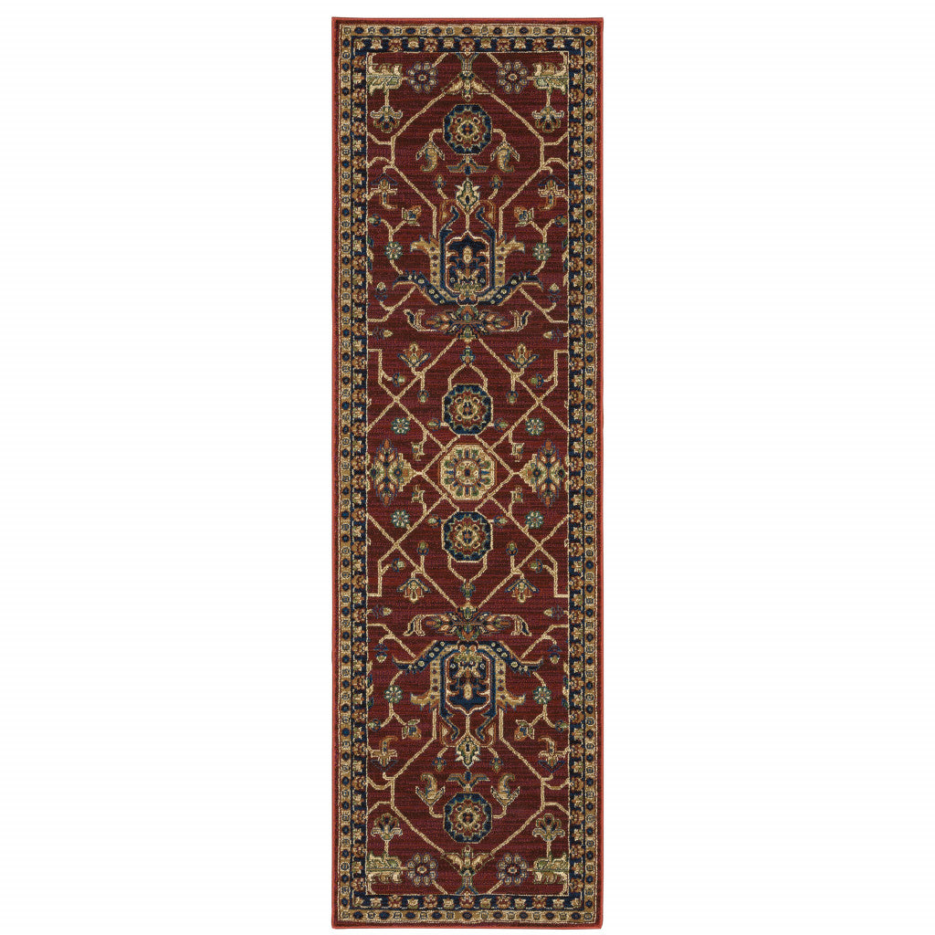 2' X 8' Red And Blue Oriental Power Loom Stain Resistant Runner Rug