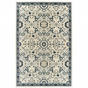 8' X 11' Ivory Navy And Gold Oriental Power Loom Stain Resistant Area Rug