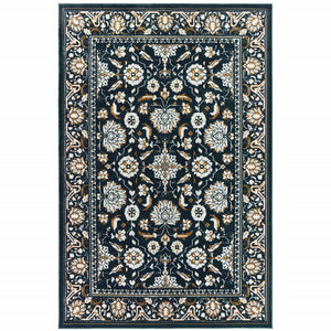 5' X 8' Navy Caramel And Ivory Oriental Power Loom Stain Resistant Area Rug
