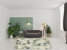 8' X 10' Blue Green Grey Gold And Ivory Geometric Power Loom Stain Resistant Area Rug