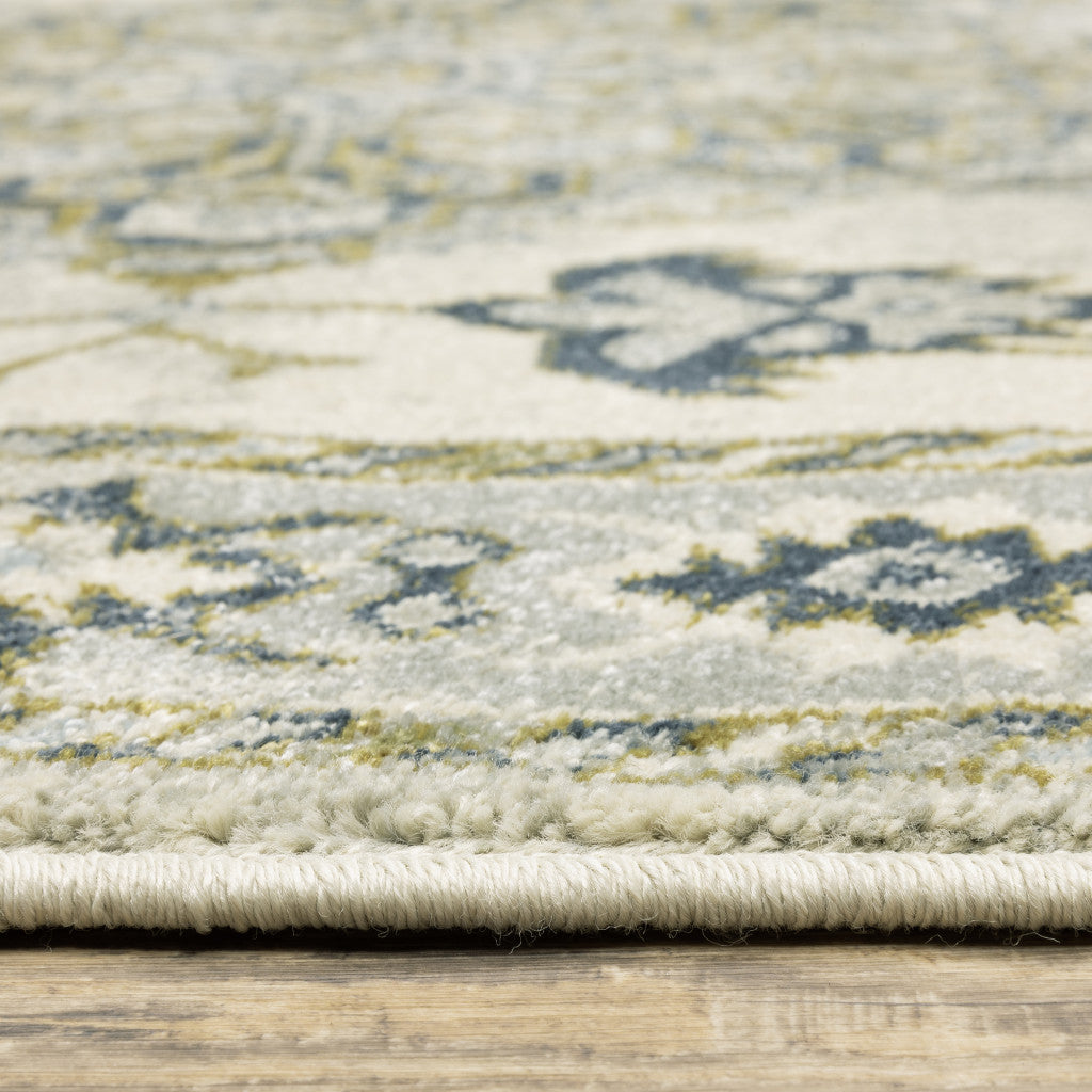 Ivory Blue Teal Grey And Olive Green Oriental Power Loom Stain Resistant Area Rug - 3' x 5'