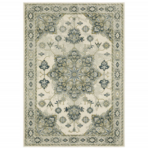 5' X 7' Ivory Blue Teal Grey And Olive Green Oriental Power Loom Stain Resistant Area Rug