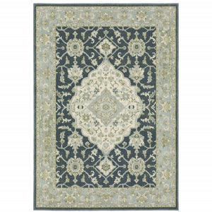 10' X 13' Teal Blue Ivory Green And Grey Oriental Power Loom Stain Resistant Area Rug