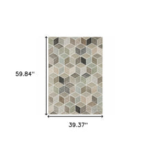 3' X 5' Beige Brown Grey Tan Sage And Pale Blue Geometric Power Loom Stain Resistant Area Rug