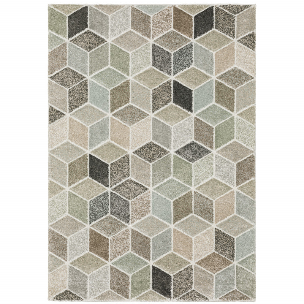 5' X 8' Beige Brown Grey Tan Sage And Pale Blue Geometric Power Loom Stain Resistant Area Rug