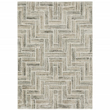 10' X 13' Ivory Beige Grey Brown Pale Blue And Charcoal Geometric Power Loom Stain Resistant Area Rug