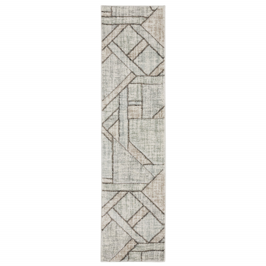 Grey Beige Sage Brown Tan Charcoal And Pale Blue Geometric Power Loom Stain Resistant Runner Rug - 2' x 8'