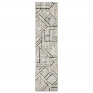 Grey Beige Sage Brown Tan Charcoal And Pale Blue Geometric Power Loom Stain Resistant Runner Rug - 2' x 8'