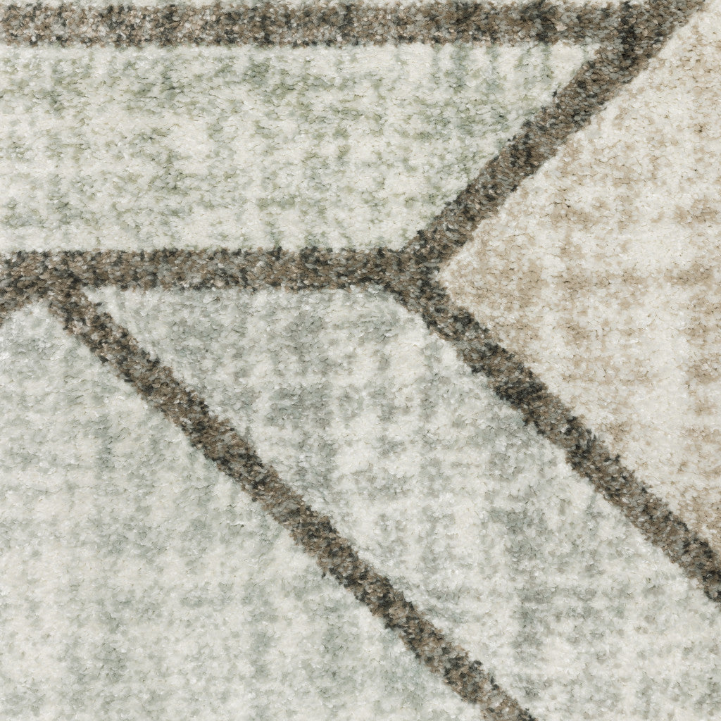 Grey Beige Sage Brown Tan Charcoal And Pale Blue Geometric Power Loom Stain Resistant Runner Rug - 2' x 8'