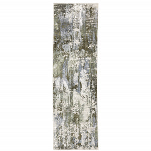 2' X 8' Green Blue Grey Ivory And Brown Abstract Power Loom Stain Resistant Runner Rug