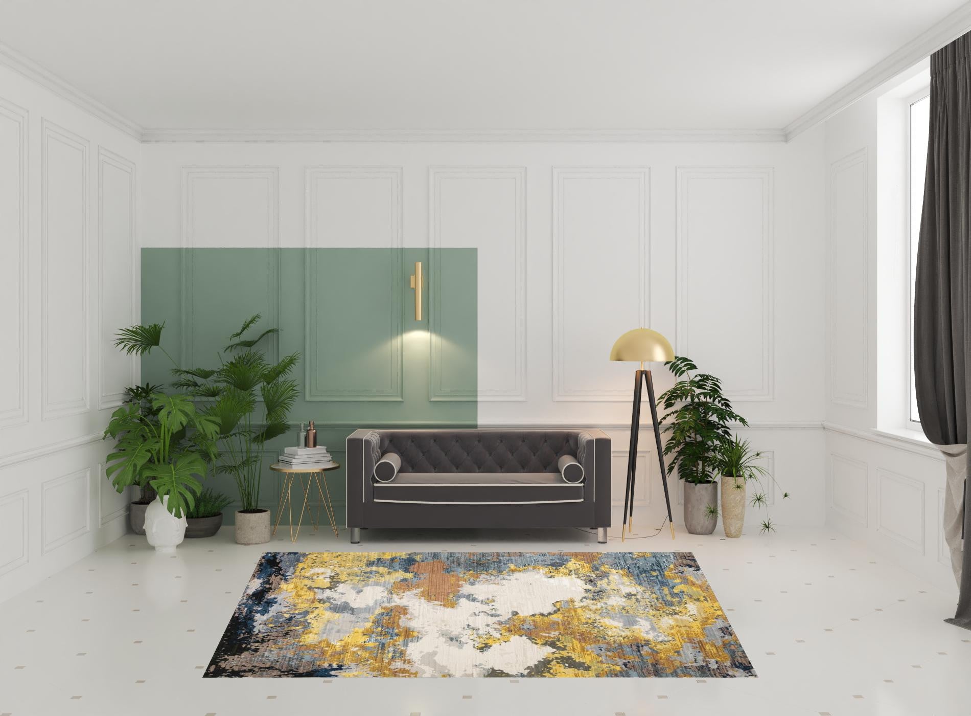 6' X 9' Yellow Gold Blue Grey Brown And Beige Abstract Power Loom Stain Resistant Area Rug