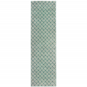 2' X 8' Foam Blue And Ivory Geometric Power Loom Stain Resistant Runner Rug