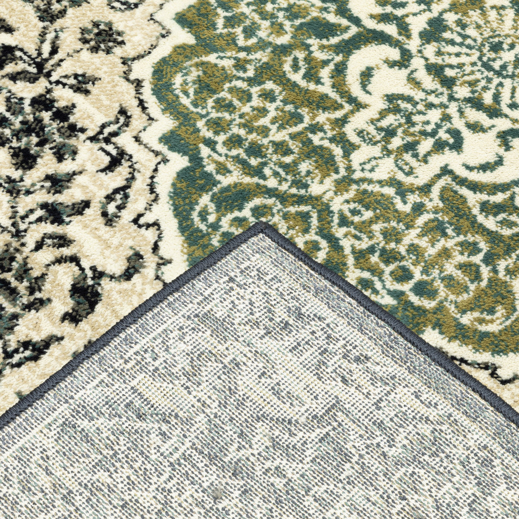 6' X 9' Ivory Navy And Green Oriental Power Loom Stain Resistant Area Rug