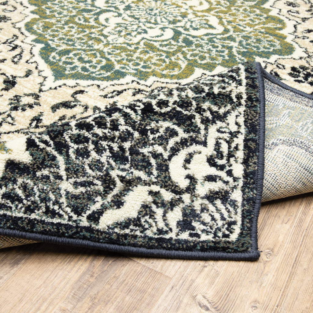 6' X 9' Ivory Navy And Green Oriental Power Loom Stain Resistant Area Rug