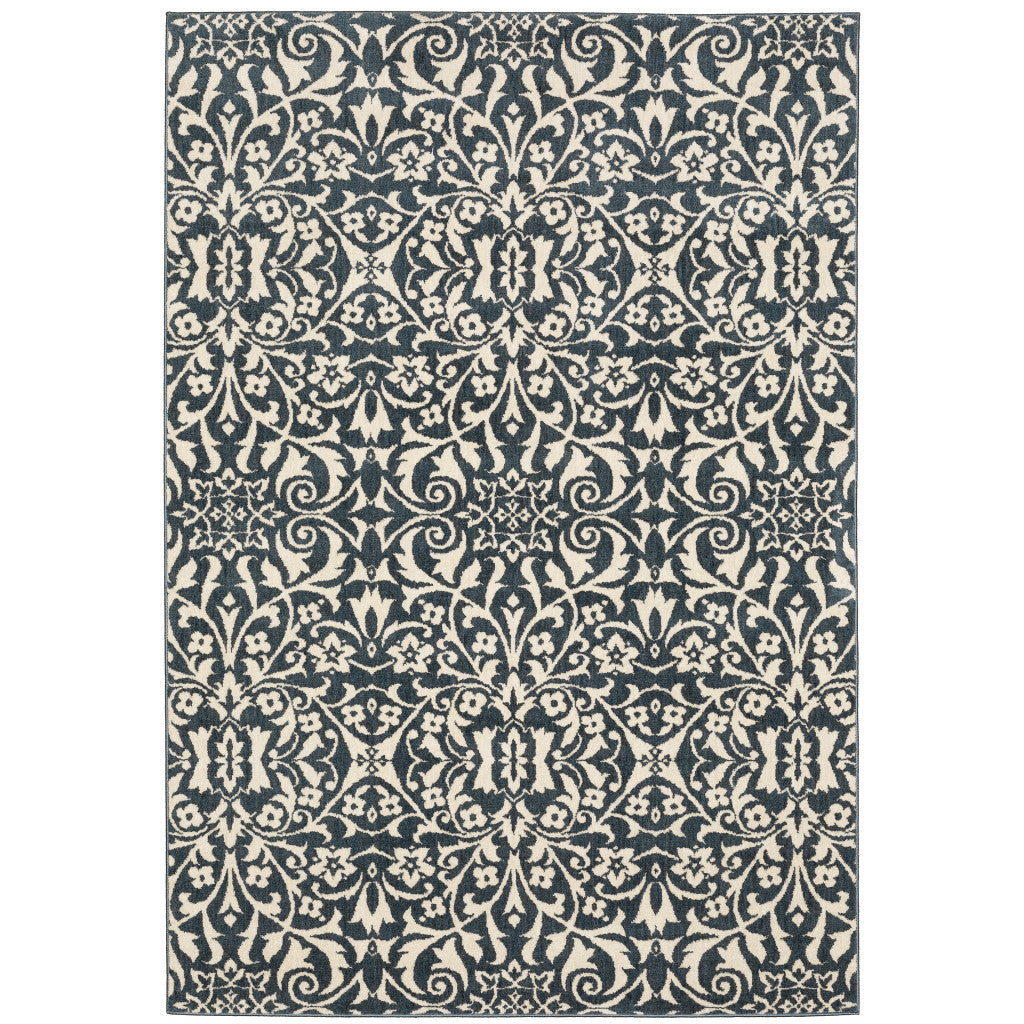 6' X 9' Blue And Ivory Floral Power Loom Stain Resistant Area Rug