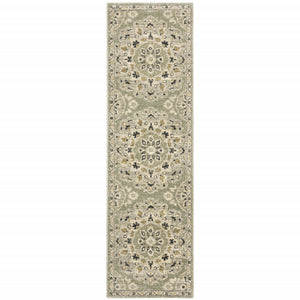 2' X 8' Green Ivory Grey And Tan Floral Power Loom Stain Resistant Runner Rug