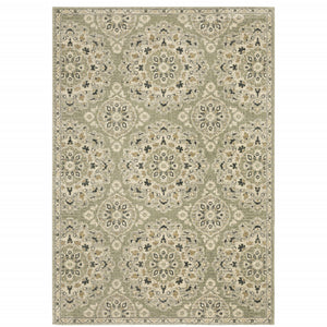5' X 8' Green Ivory Grey And Tan Floral Power Loom Stain Resistant Area Rug