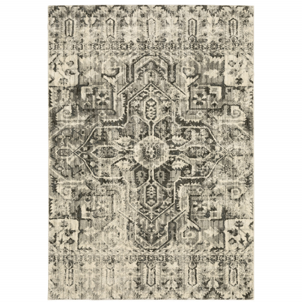 8' X 11' Grey Ivory And Brown Oriental Power Loom Stain Resistant Area Rug