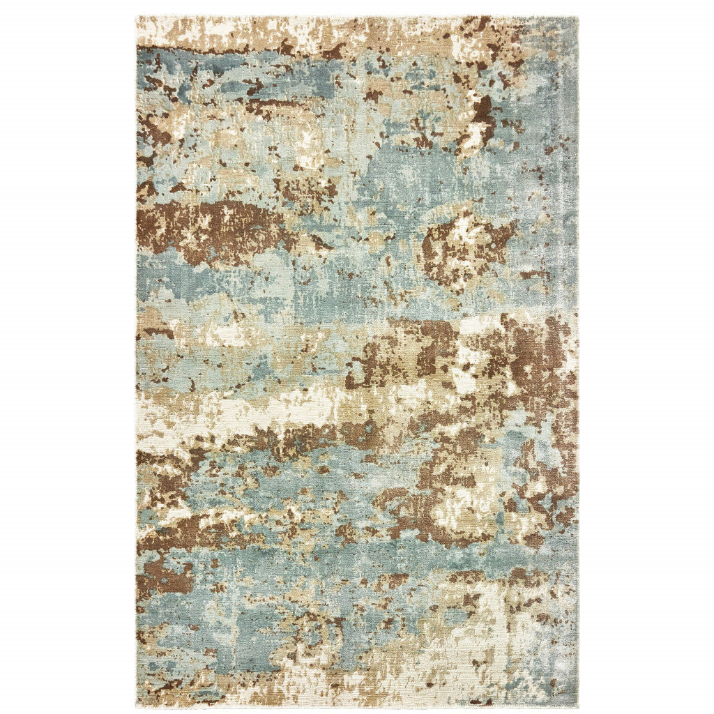 9' X 12' Blue And Brown Abstract Hand Loomed Stain Resistant Area Rug