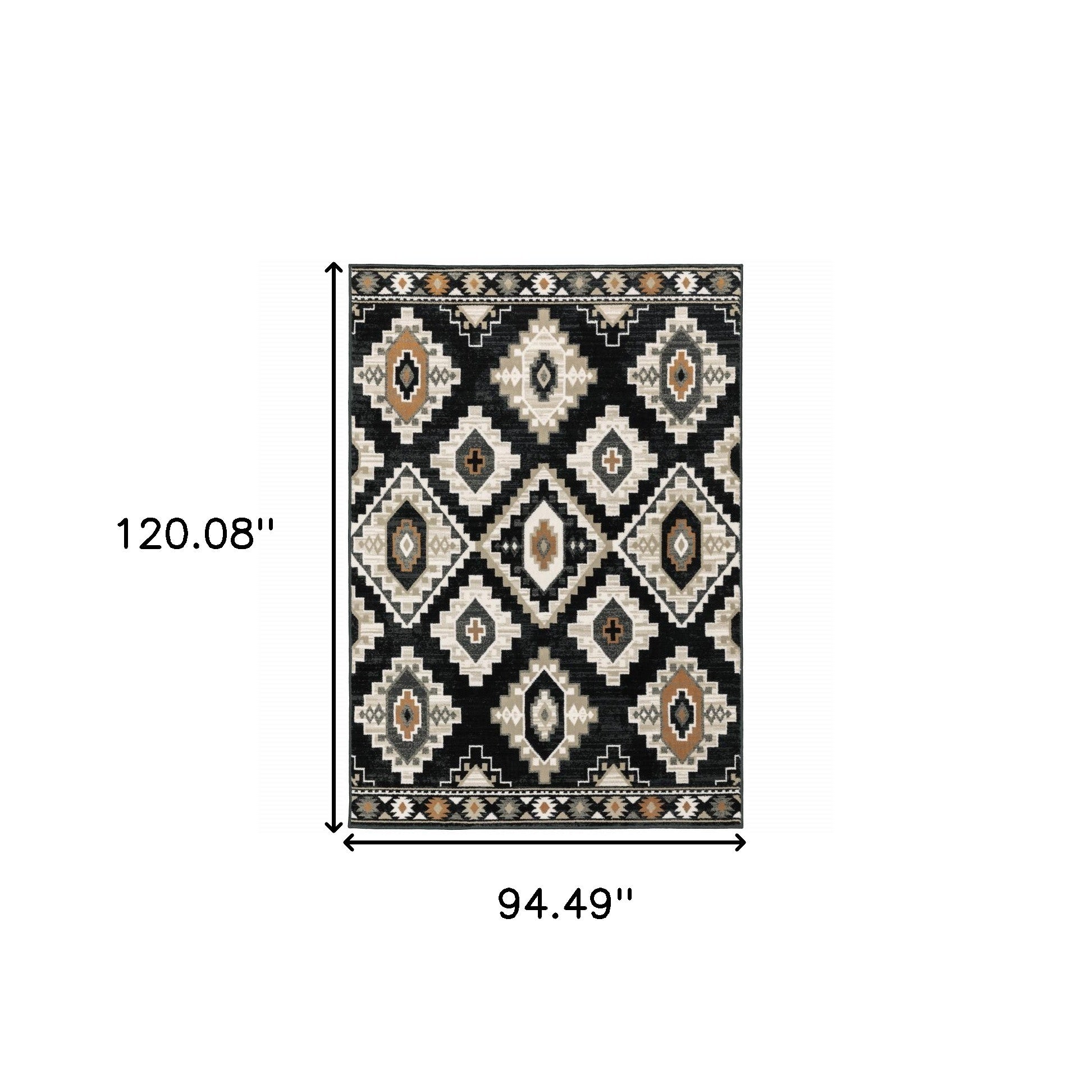 8' X 10' Black Grey Tan Orange And Ivory Southwestern Power Loom Stain Resistant Area Rug