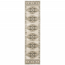 2' X 8' Ivory Grey Black And Ivory Southwestern Power Loom Stain Resistant Runner Rug