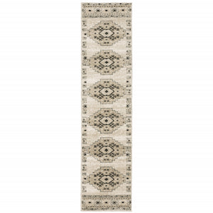 2' X 8' Ivory Grey Black And Ivory Southwestern Power Loom Stain Resistant Runner Rug