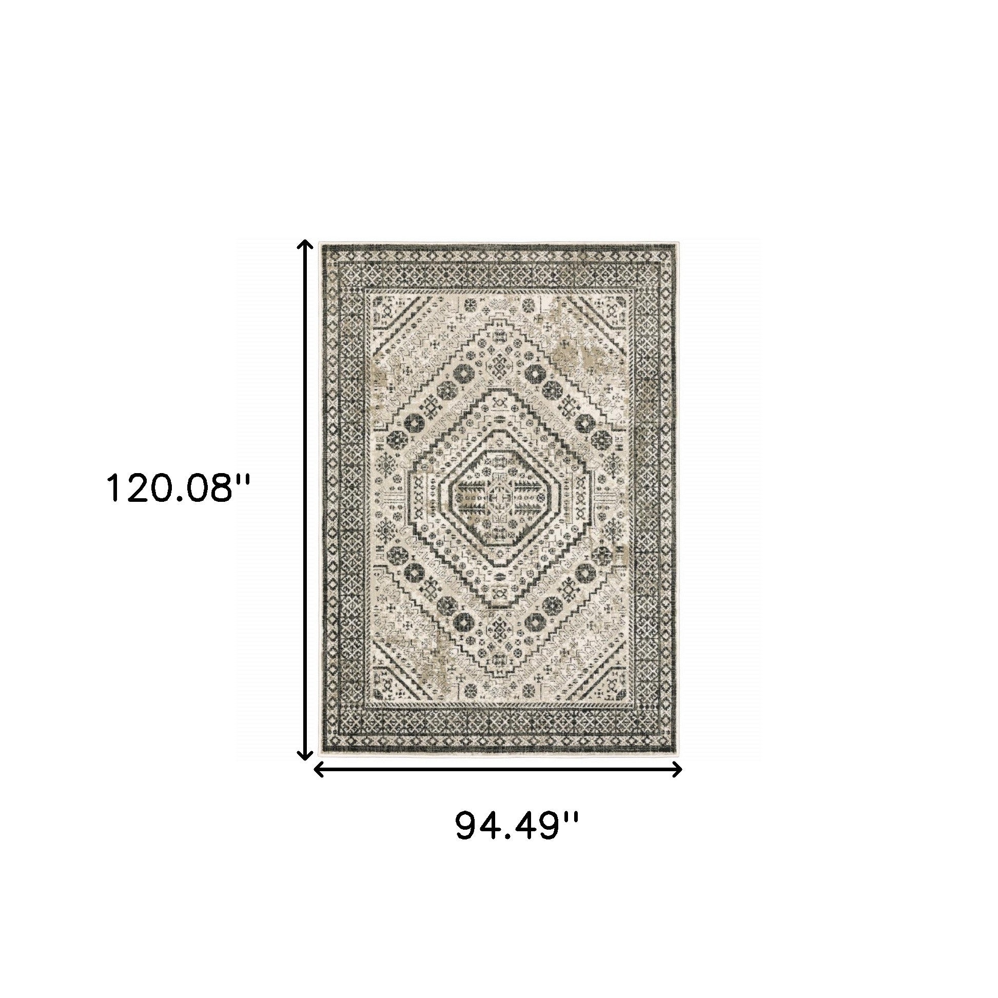 8' X 10' Ivory Grey Black And Ivory Oriental Power Loom Stain Resistant Area Rug
