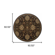 8' Brown Round Oriental Power Loom Stain Resistant Area Rug
