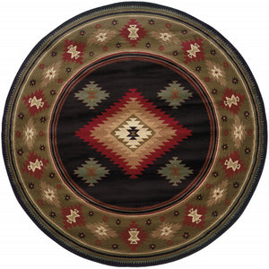 Black Round Southwestern Power Loom Stain Resistant Area Rug 8'