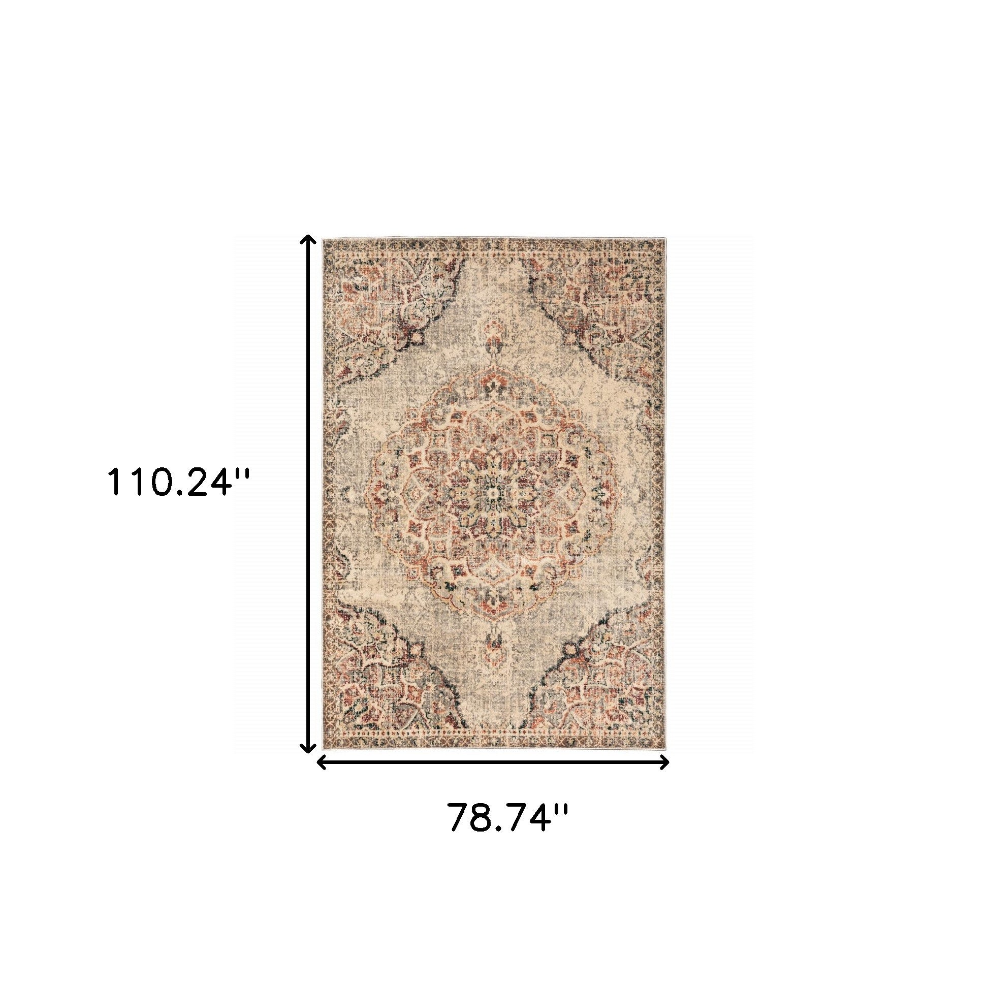 6' X 9' Grey Rust Deep Teal Beige And Orange Oriental Power Loom Stain Resistant Area Rug