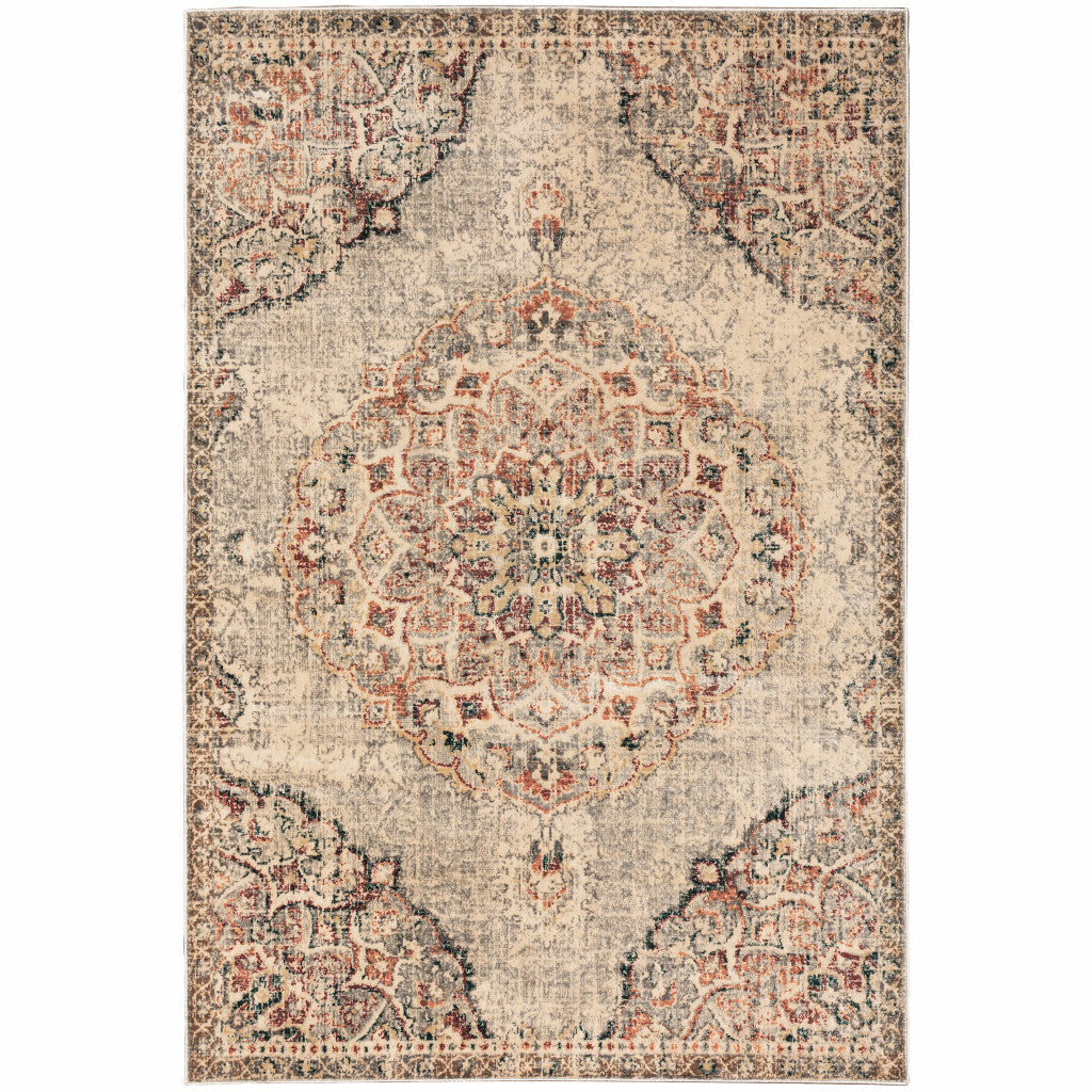 6' X 9' Grey Rust Deep Teal Beige And Orange Oriental Power Loom Stain Resistant Area Rug