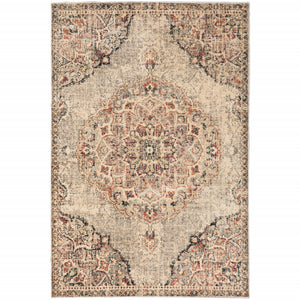 Grey Rust Deep Teal Beige And Orange Oriental Power Loom Stain Resistant Area Rug - 8' x 10'