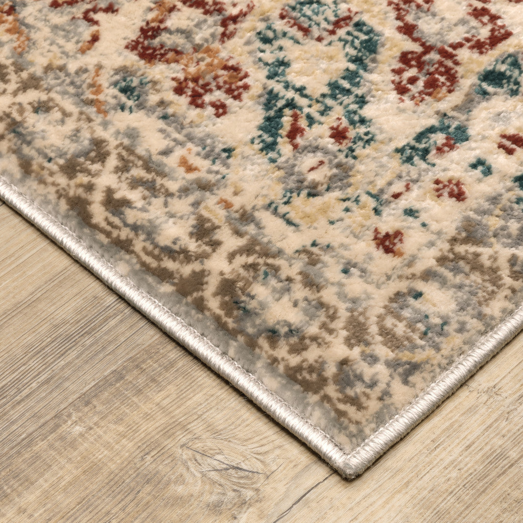 Grey Rust Deep Teal Beige And Orange Oriental Power Loom Stain Resistant Area Rug - 8' x 10'