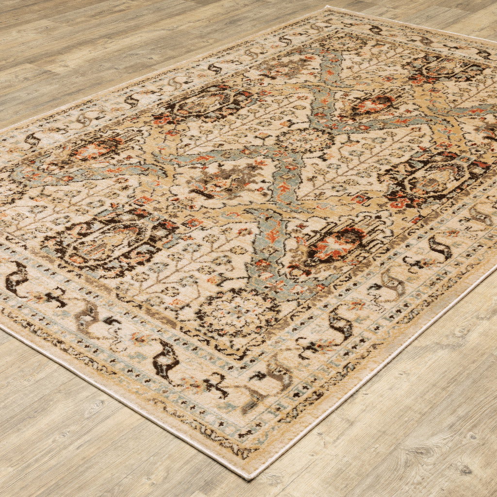 4' X 6' Beige Grey Dolphin Blue Deep Teal Gold And Orange Oriental Power Loom Stain Resistant Area Rug