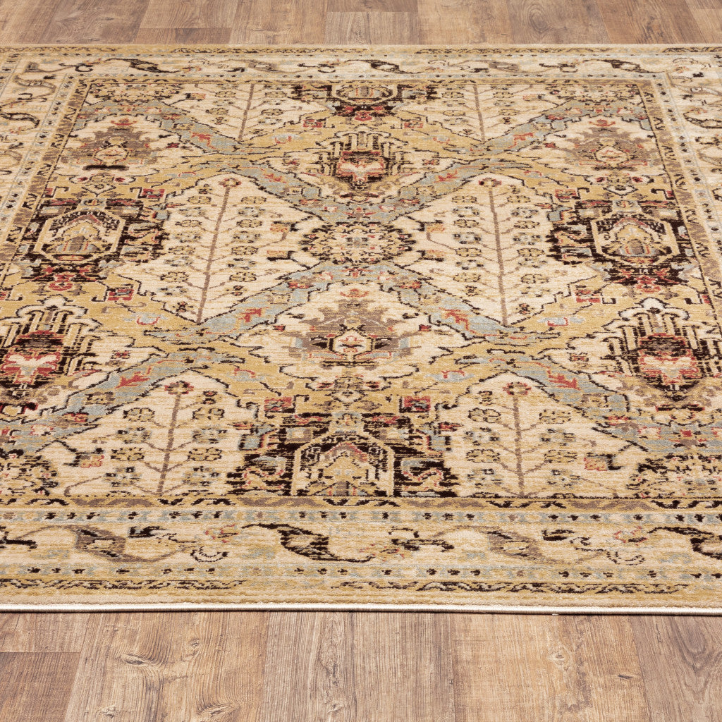 4' X 6' Beige Grey Dolphin Blue Deep Teal Gold And Orange Oriental Power Loom Stain Resistant Area Rug