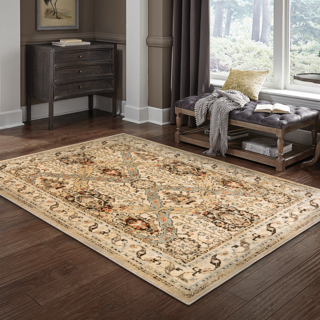 5' X 7' Beige Grey Dolphin Blue Deep Teal Gold And Orange Oriental Power Loom Stain Resistant Area Rug