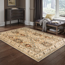 5' X 7' Beige Grey Dolphin Blue Deep Teal Gold And Orange Oriental Power Loom Stain Resistant Area Rug