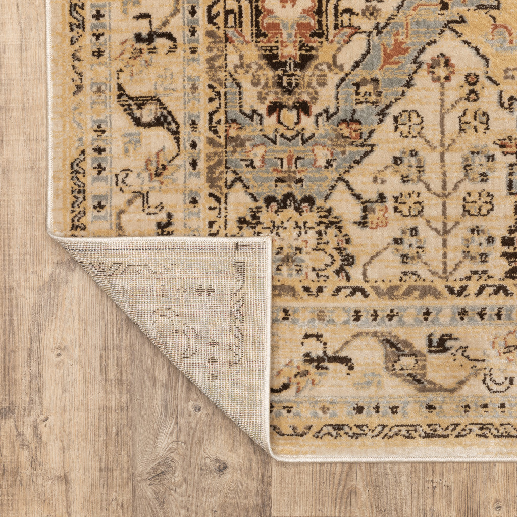 5' X 7' Beige Grey Dolphin Blue Deep Teal Gold And Orange Oriental Power Loom Stain Resistant Area Rug