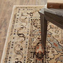 6' X 9' Beige Grey Dolphin Blue Deep Teal Gold And Orange Oriental Power Loom Stain Resistant Area Rug