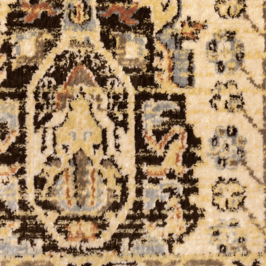 6' X 9' Beige Grey Dolphin Blue Deep Teal Gold And Orange Oriental Power Loom Stain Resistant Area Rug