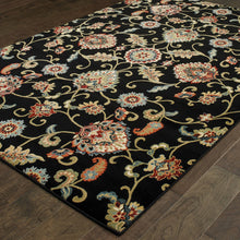 2' X 4' Black Red Green Ivory Salmon And Yellow Floral Power Loom Stain Resistant Area Rug