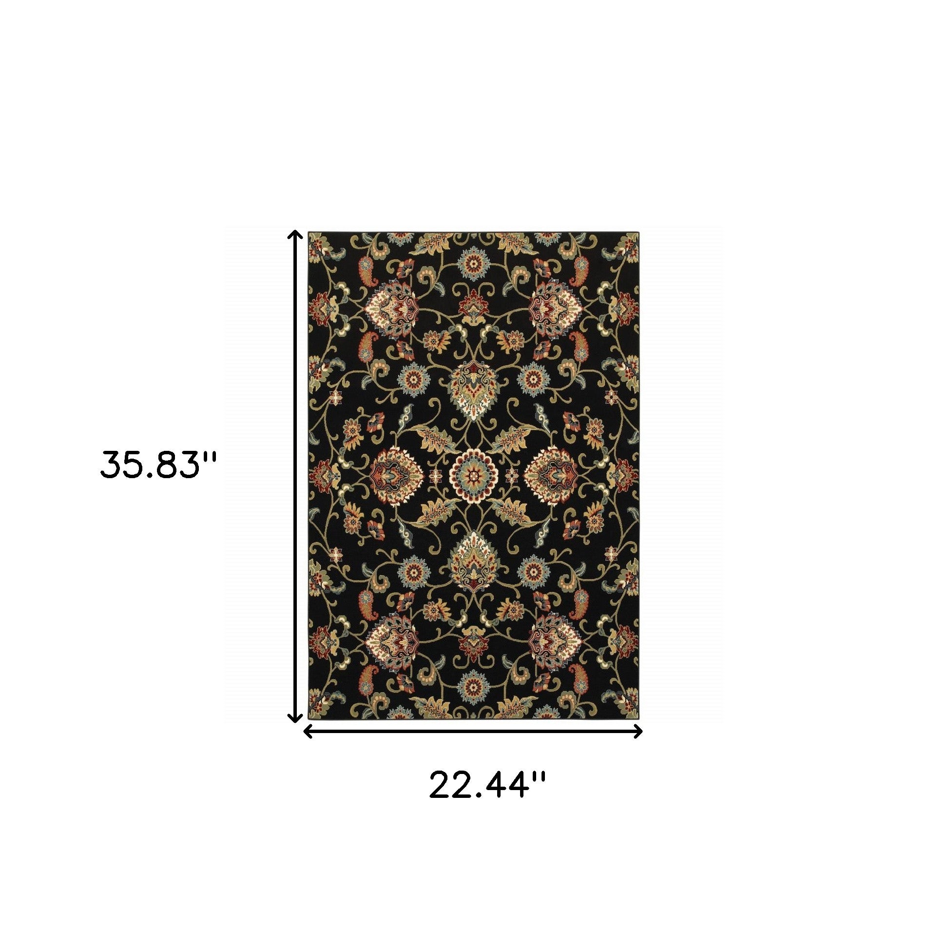 2' X 4' Black Red Green Ivory Salmon And Yellow Floral Power Loom Stain Resistant Area Rug