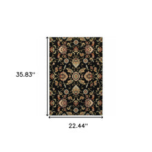 2' X 4' Black Red Green Ivory Salmon And Yellow Floral Power Loom Stain Resistant Area Rug