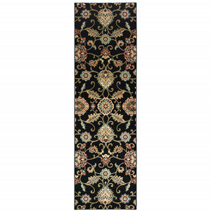 2' X 8' Black Red Green Ivory Salmon And Yellow Floral Power Loom Stain Resistant Runner Rug