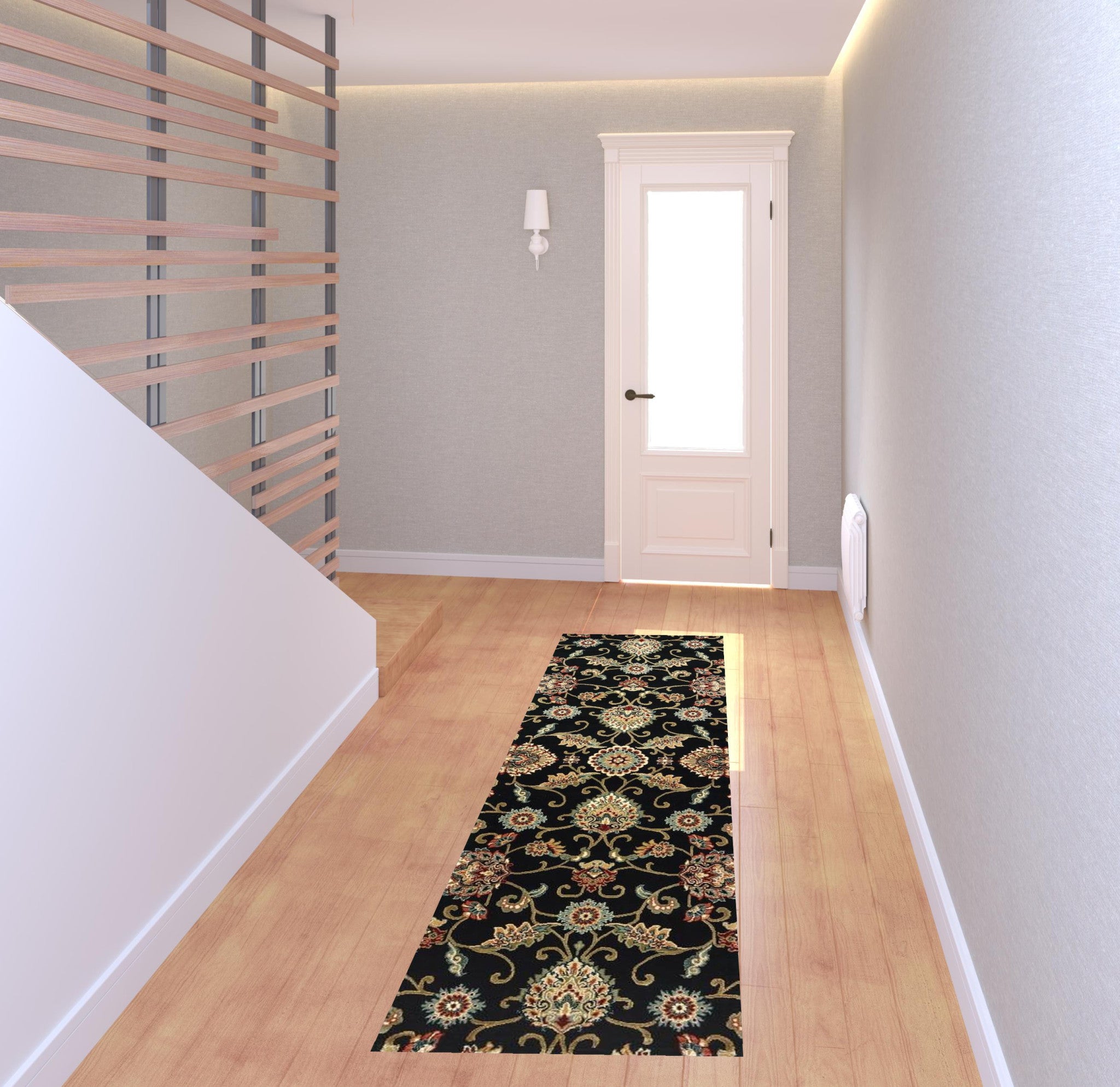 2' X 8' Black Red Green Ivory Salmon And Yellow Floral Power Loom Stain Resistant Runner Rug