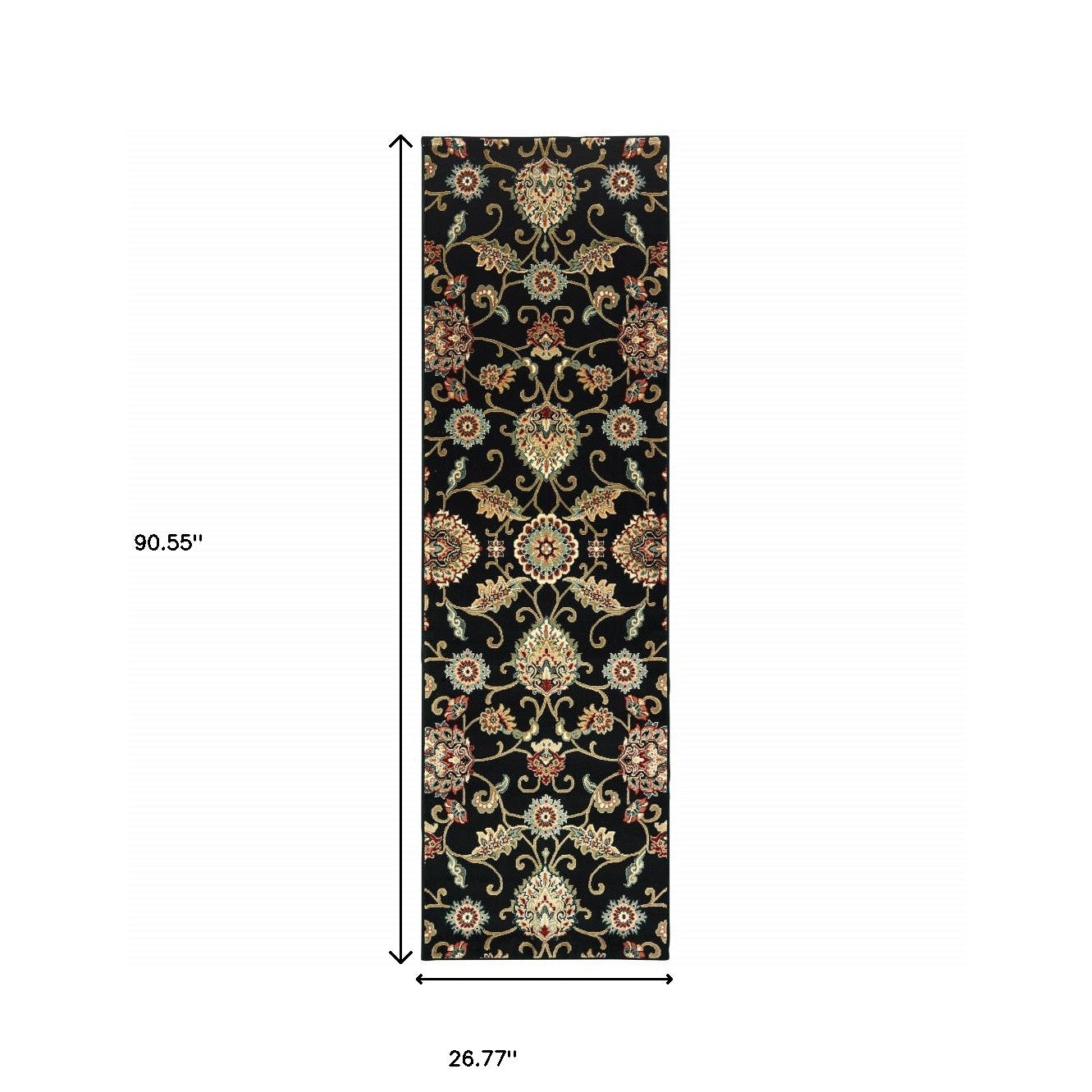 2' X 8' Black Red Green Ivory Salmon And Yellow Floral Power Loom Stain Resistant Runner Rug