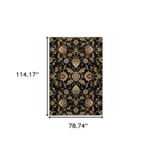 6' X 9' Black Red Green Ivory Salmon And Yellow Floral Power Loom Stain Resistant Area Rug