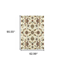 5' X 8' Ivory Green Blue Red Salmon And Yellow Floral Power Loom Stain Resistant Area Rug
