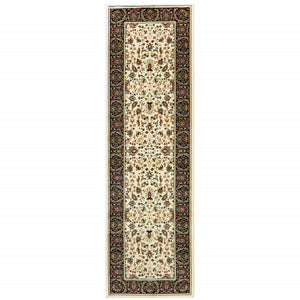 2' X 8' Ivory And Black Oriental Power Loom Stain Resistant Runner Rug